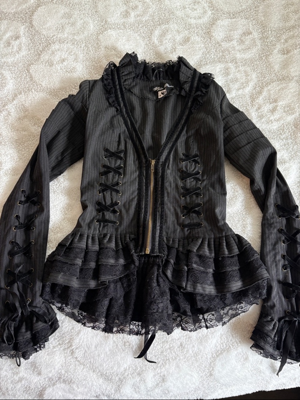 Black Lace-Trim Ruffled Jacket with Zip Front
